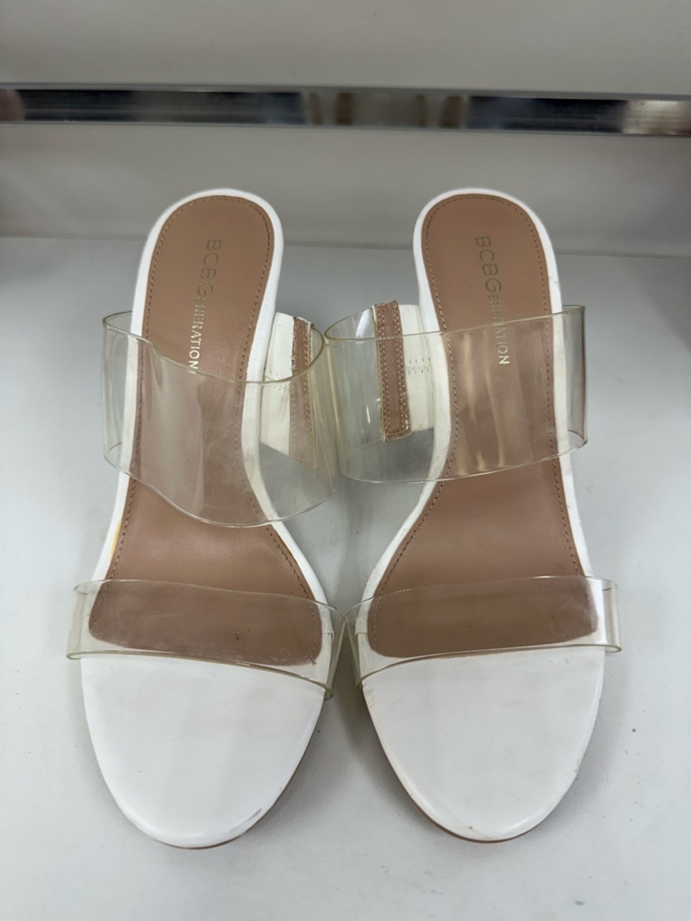 BCBGMaxAzria White Slide Sandals with Clear Straps